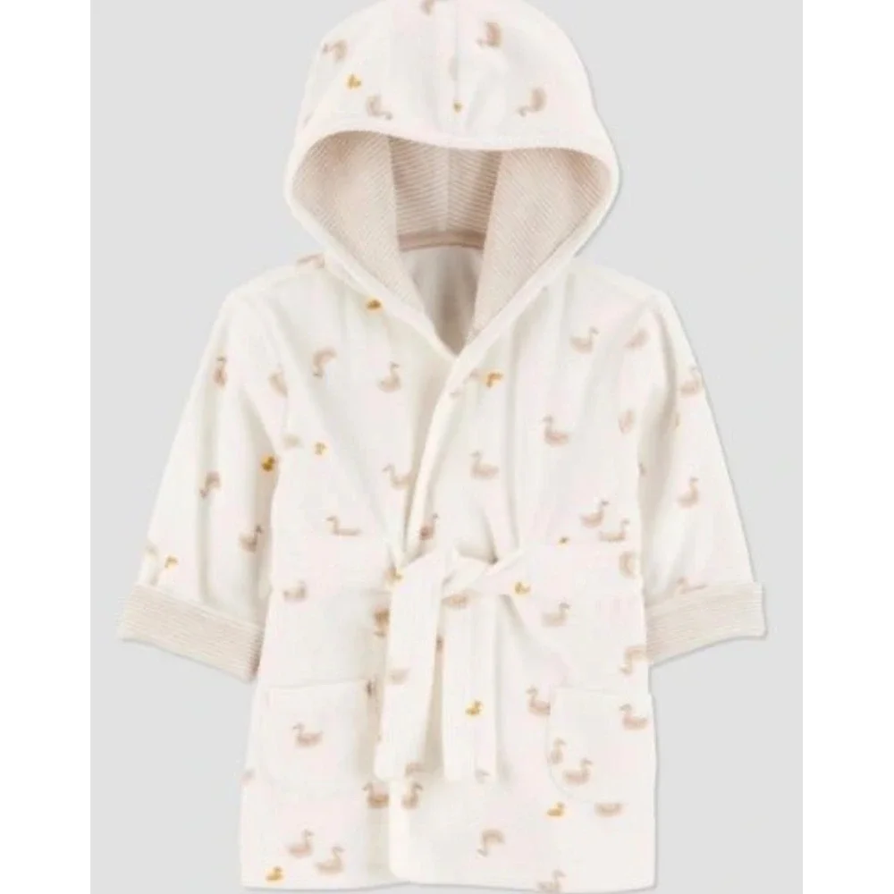 Carters Just One You NWT Baby Hooded Bath Robe White Duck Print : 0-9M